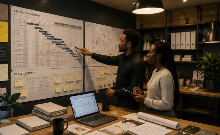 Client reviewing competing interior design proposals and project schedules