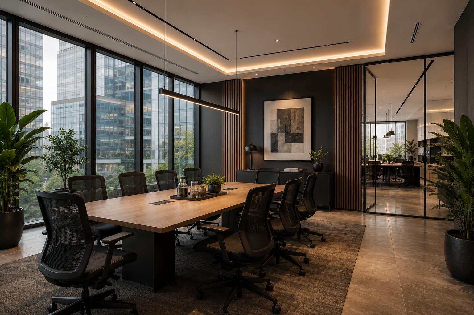 Contemporary office boardroom in Nairobi with warm timber finishes, planting and integrated architectural lighting