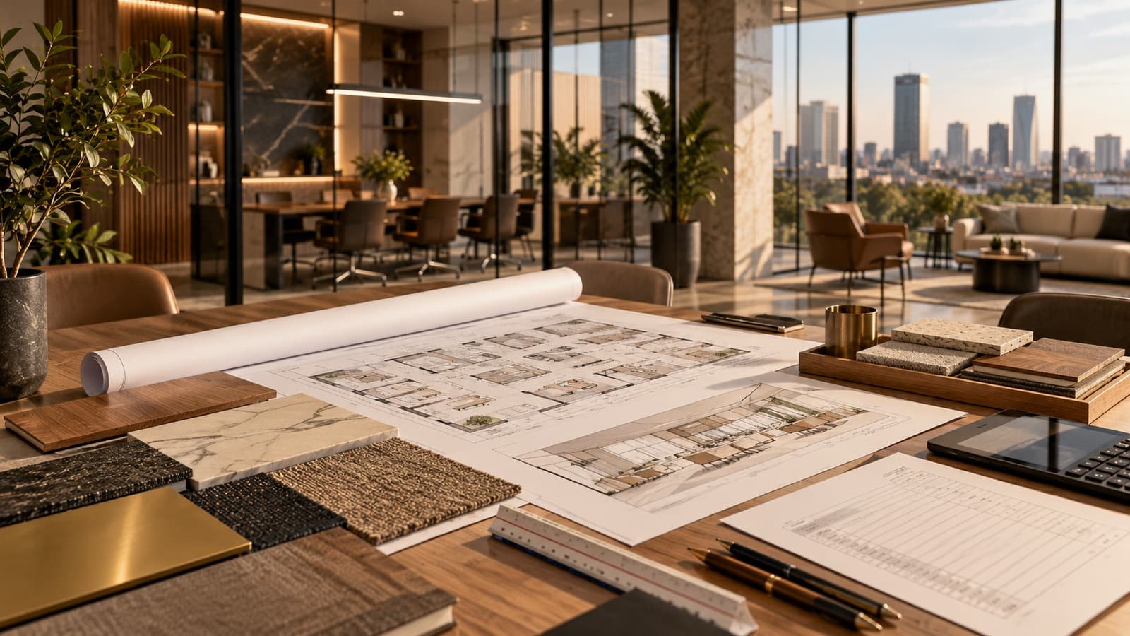 Office fit-out drawings, material samples and commercial pricing documents arranged for design and cost review in Kenya